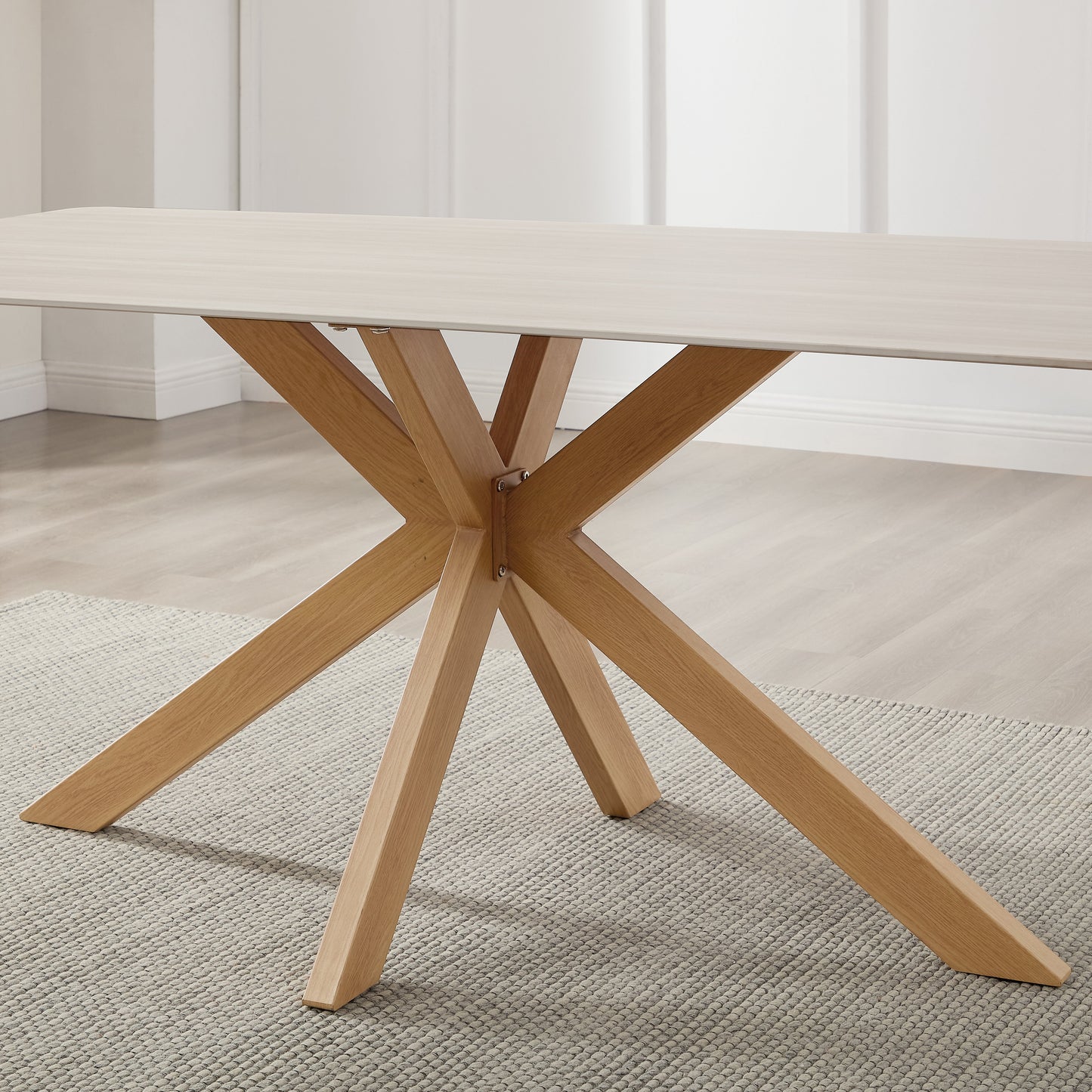 Table à manger Athens en céramique blanche avec base effet bois naturel