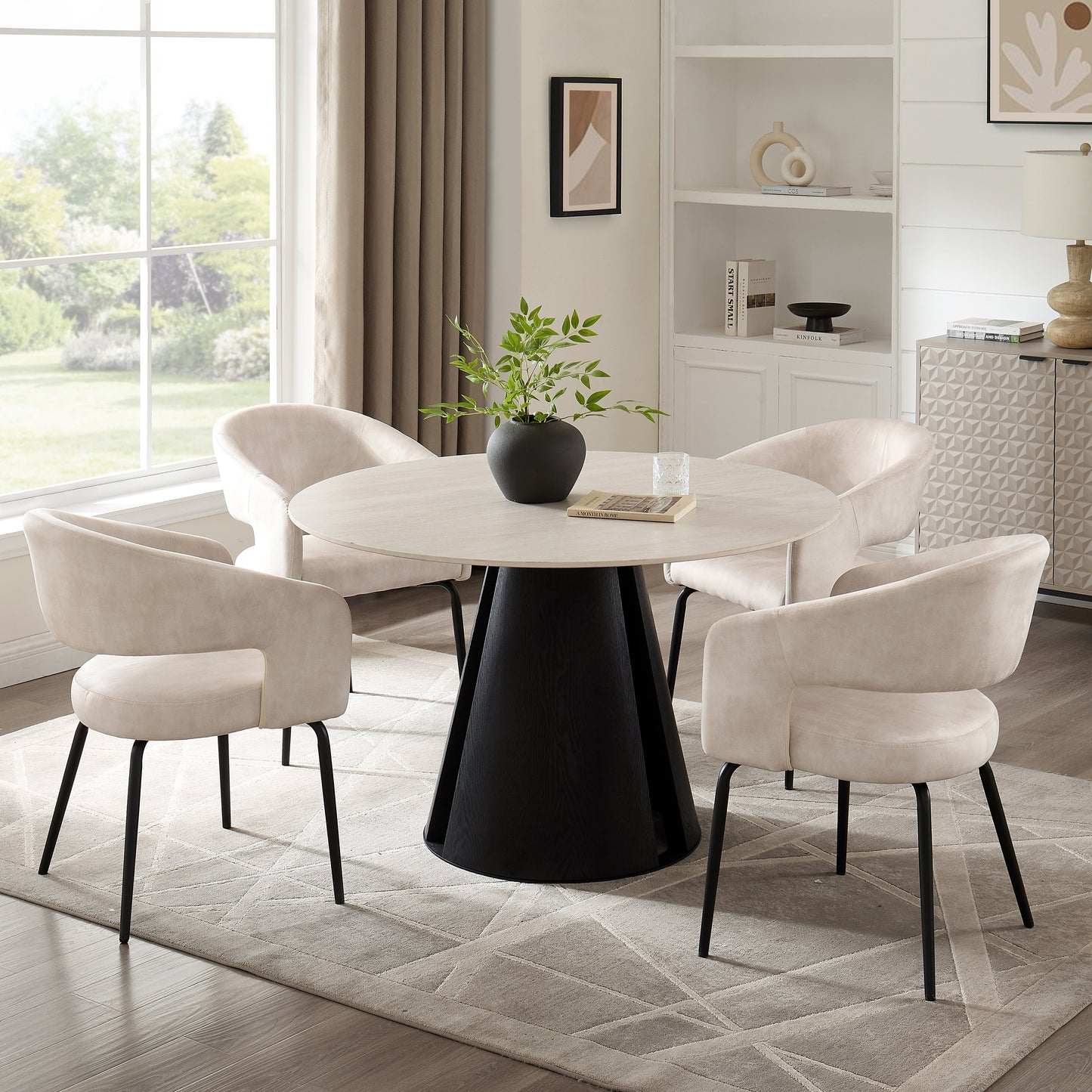 Table à manger ronde Maya en céramique crème clair avec base noire