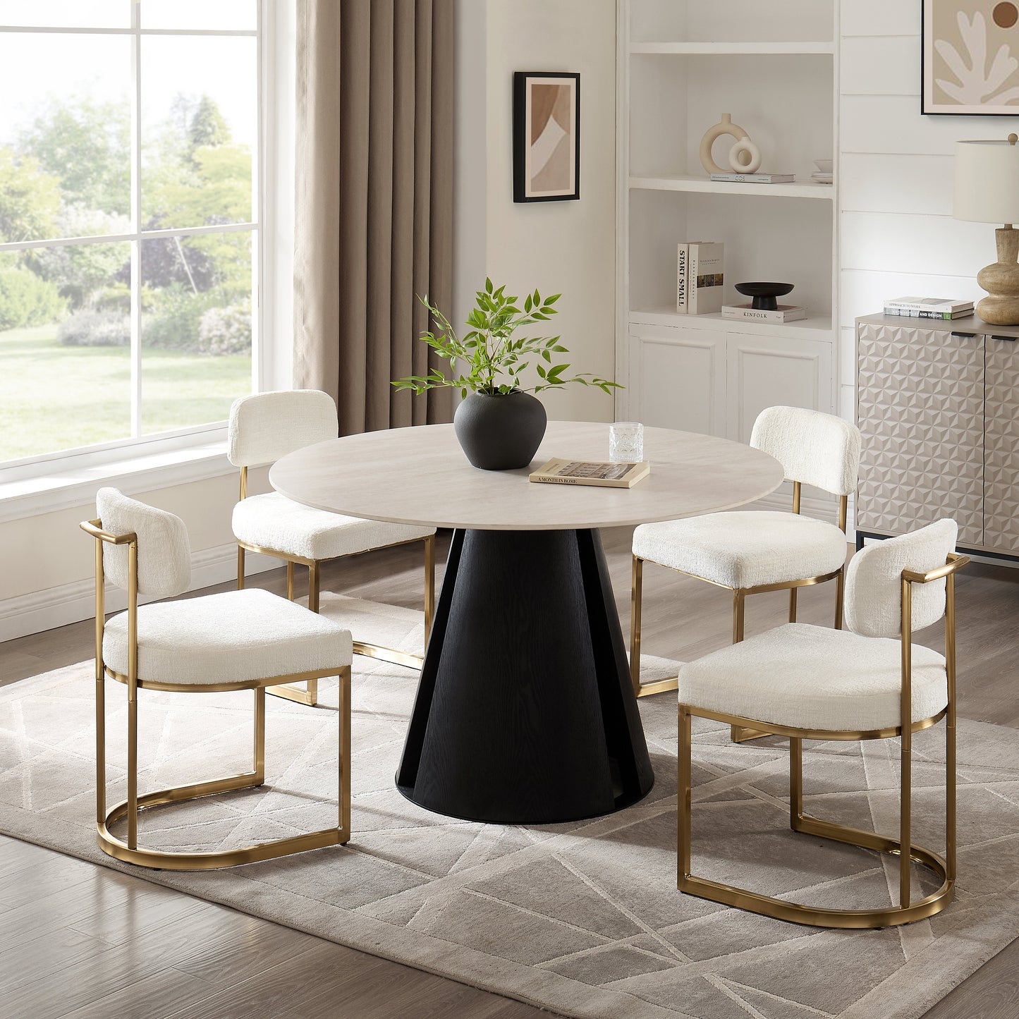Table à manger ronde Maya en céramique crème clair avec base noire