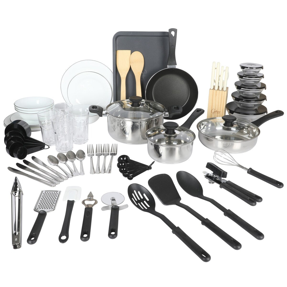 Ensemble de cuisine Gibson Home 74 pièces : ustensiles de cuisine, vaisselle, couverts, ustensiles, rangement et verrerie