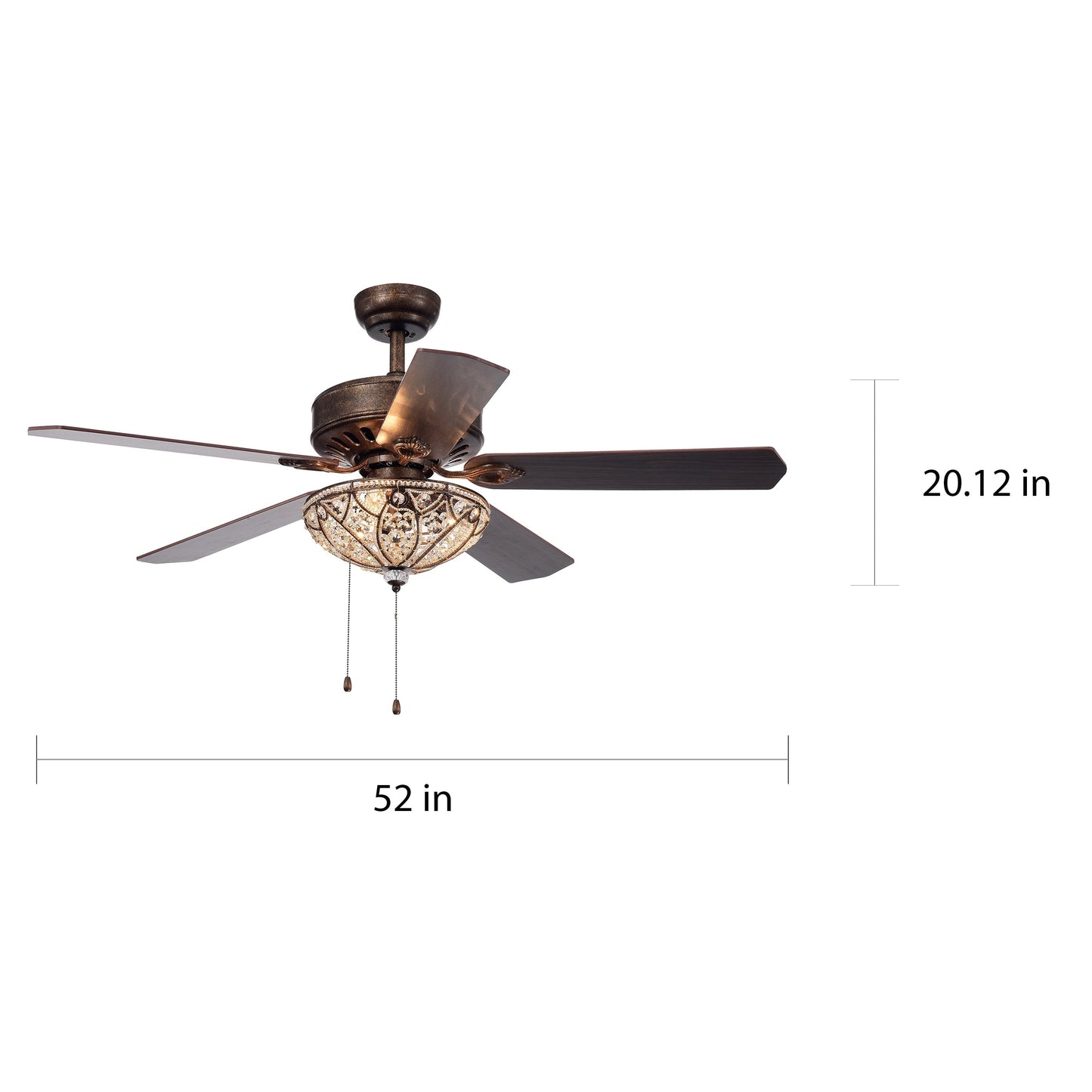 Ventilateur de plafond éclairé à 5 pales en bronze rustique Gliska avec abat-jour en cristal