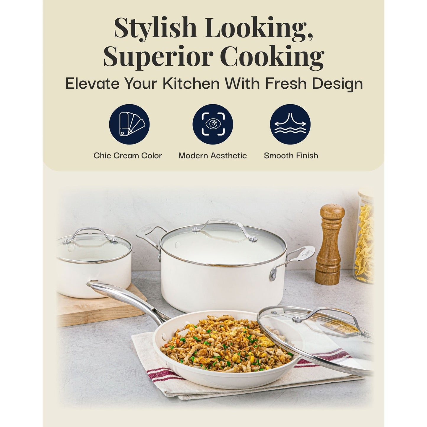 Batterie de cuisine Gotham Steel Cream 12 pièces, casseroles et poêles, en céramique ultra antiadhésive avec poignées isolantes