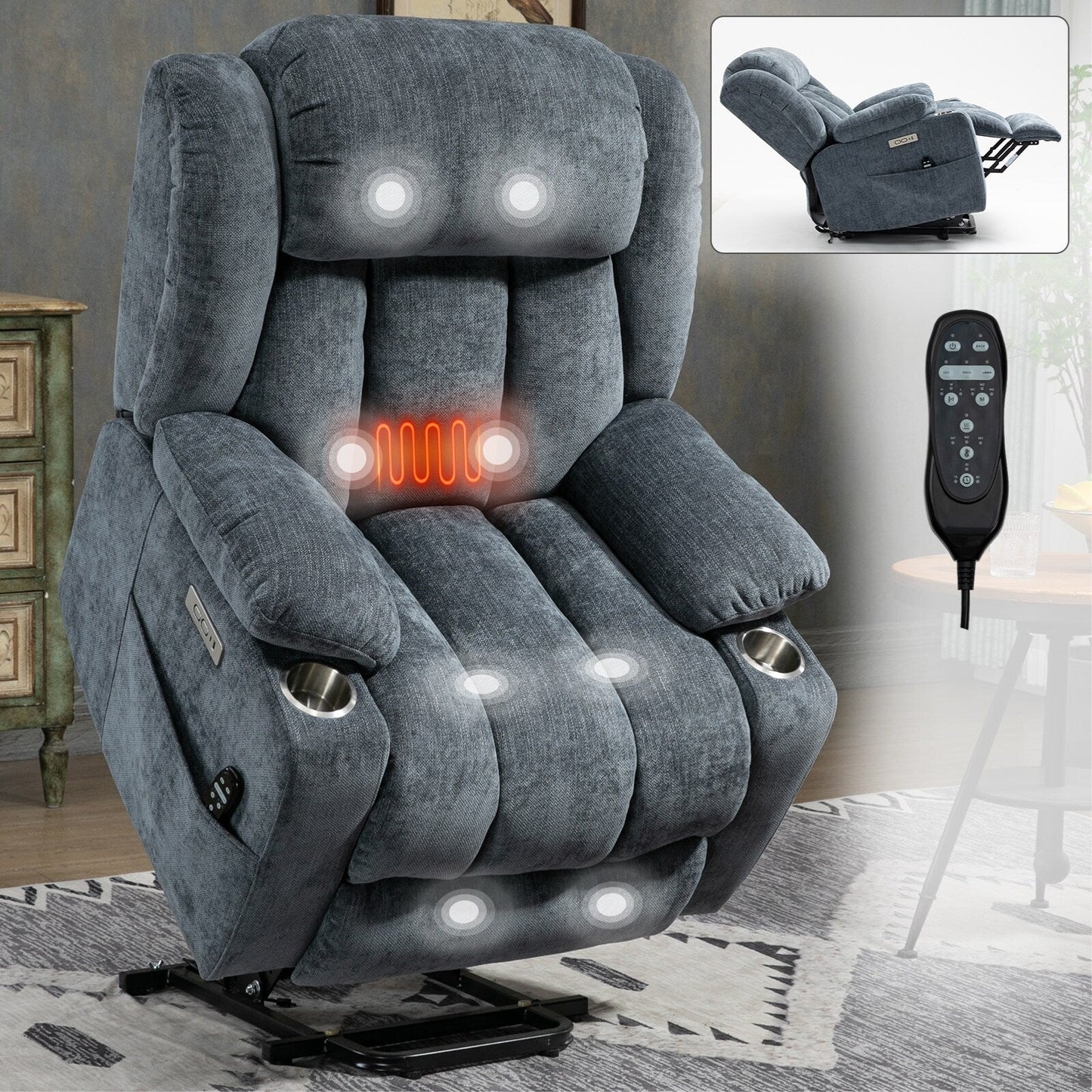 Fauteuil inclinable électrique en chenille grise avec massage, chauffage lombaire, ports USB et Type-C et porte-gobelets en acier inoxydable