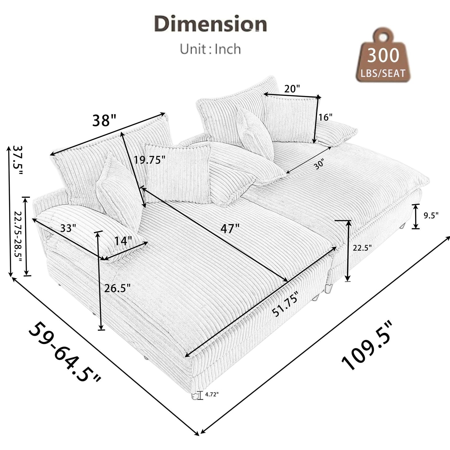 Canapé-lit Harmonia 109 W surdimensionné en velours côtelé, siège profond, double méridienne avec 4 oreillers