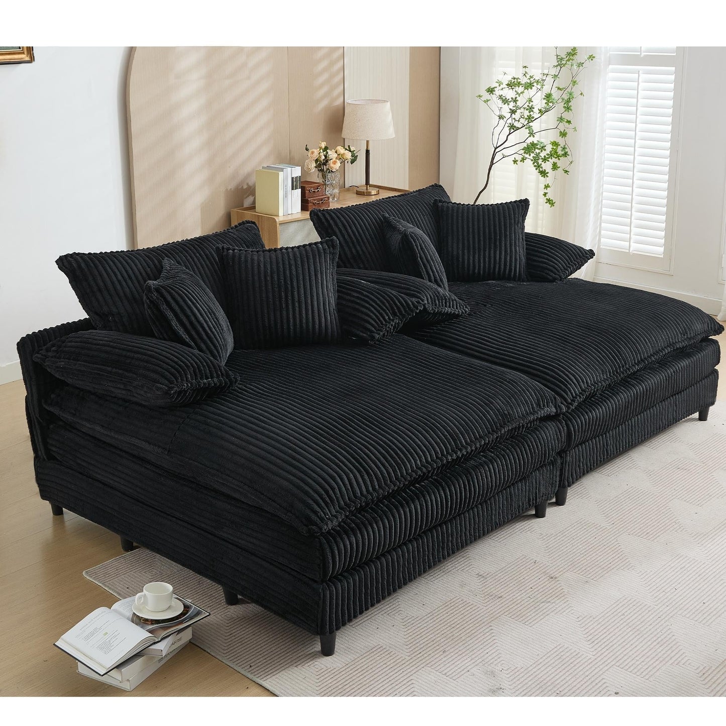 Canapé-lit Harmonia 109 W surdimensionné en velours côtelé, siège profond, double méridienne avec 4 oreillers