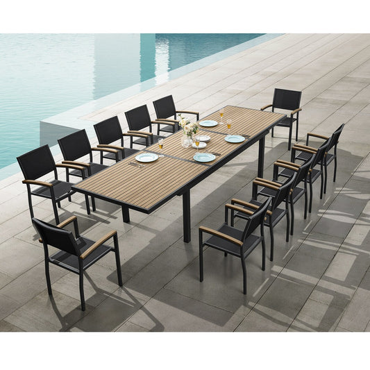 Ensemble de salle à manger d'extérieur Heck 13 pièces en teck et aluminium FSC pour 12 personnes, table extensible et chaises empilables, noir anthracite