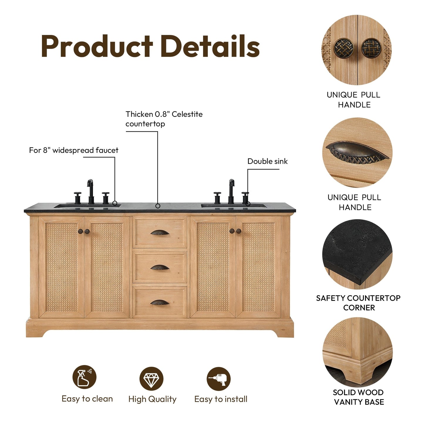 Meuble-lavabo Hervas avec plateau en marbre naturel sans miroir