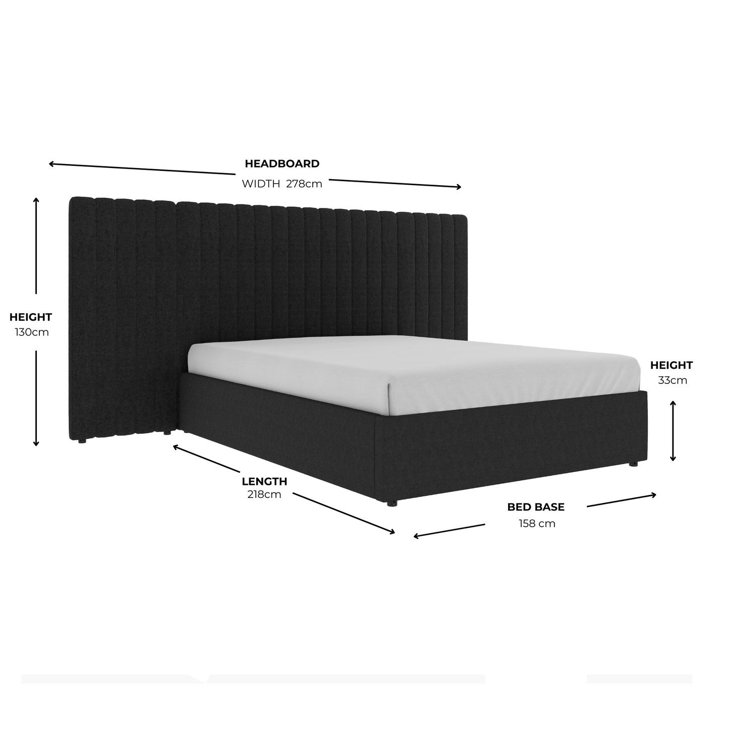 Inaya Lit king size avec tête de lit ottomane et rangement en velours noir à large panneau