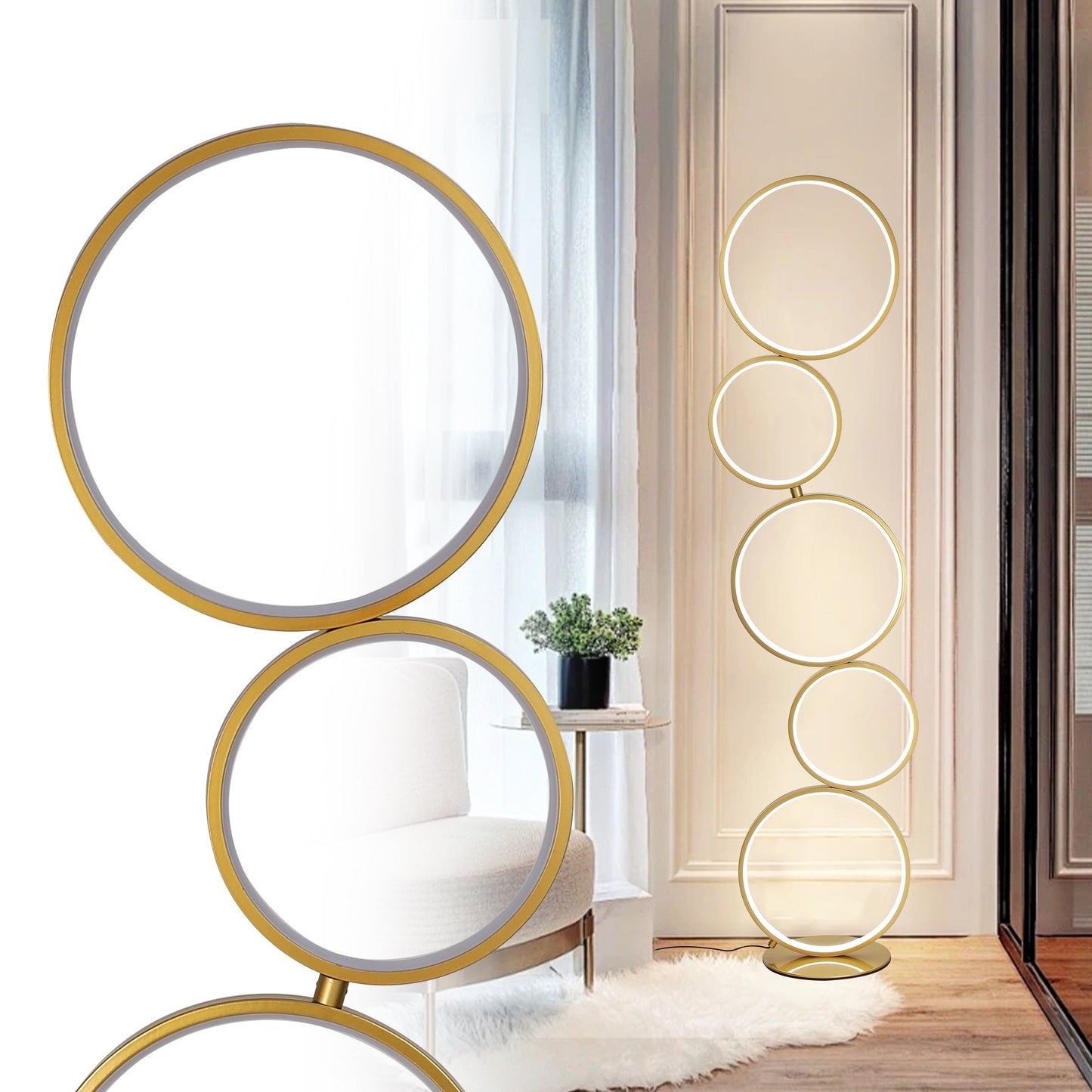 Lampadaire LED moderne à intensité variable, lampe d'angle lumineuse à 3 voies avec 5 anneaux pour salon