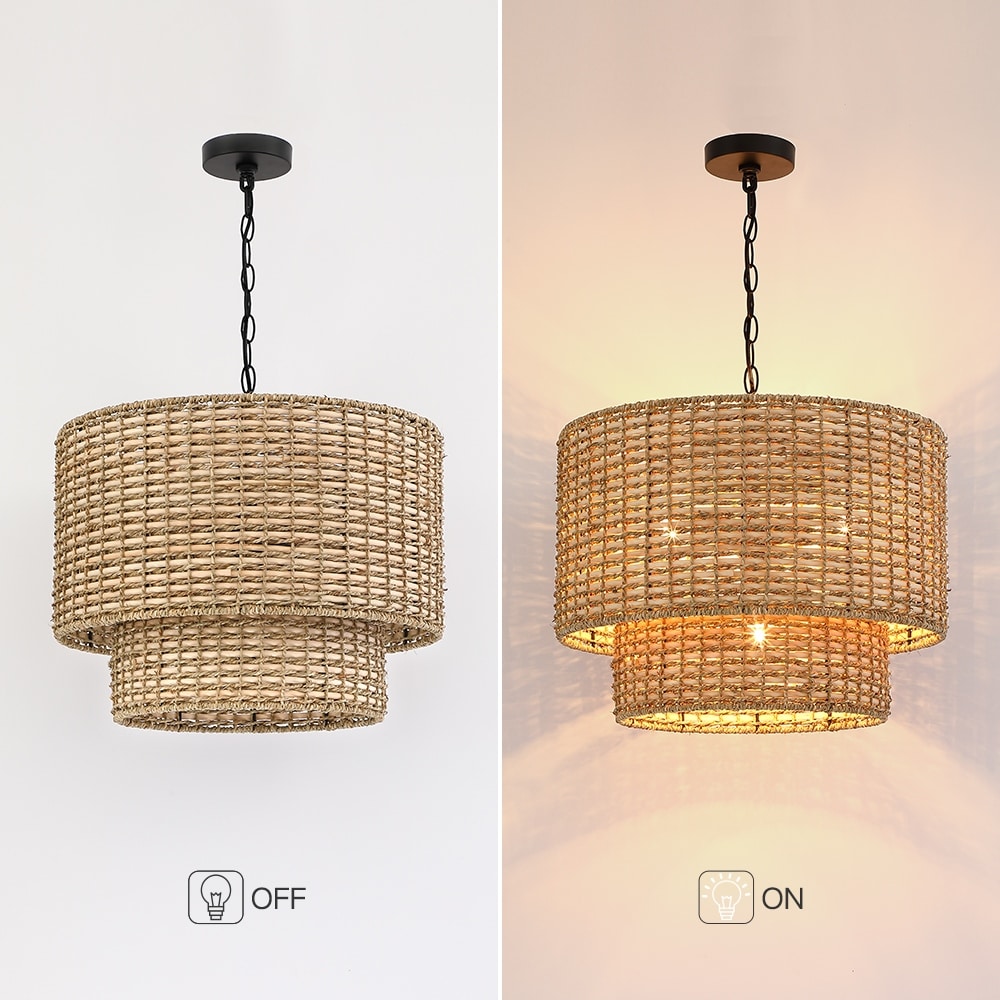 Lustre tambour à 4 lumières en rotin Lennie de 20 po avec auvent noir - 20 po de largeur - 20 po de largeur