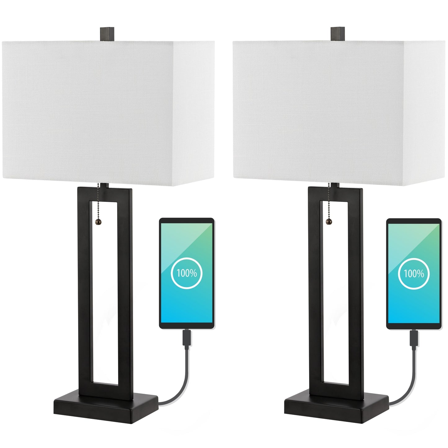 Lampe de table LED industrielle vintage Lucie 28,5 cm avec chaînette et port de chargement USB (lot de 2) par JONATHAN Y