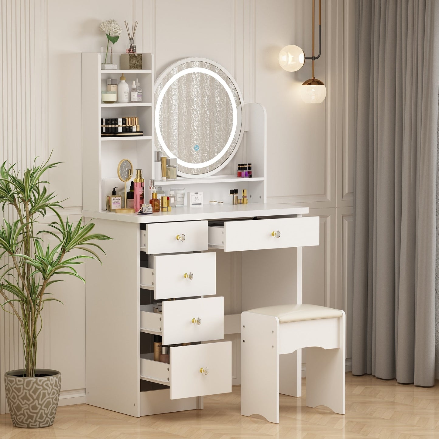 Ensemble coiffeuse avec miroir tactile et tabouret