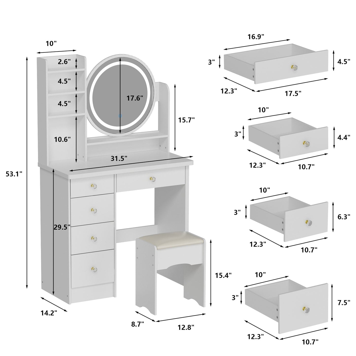 Ensemble coiffeuse avec miroir tactile et tabouret