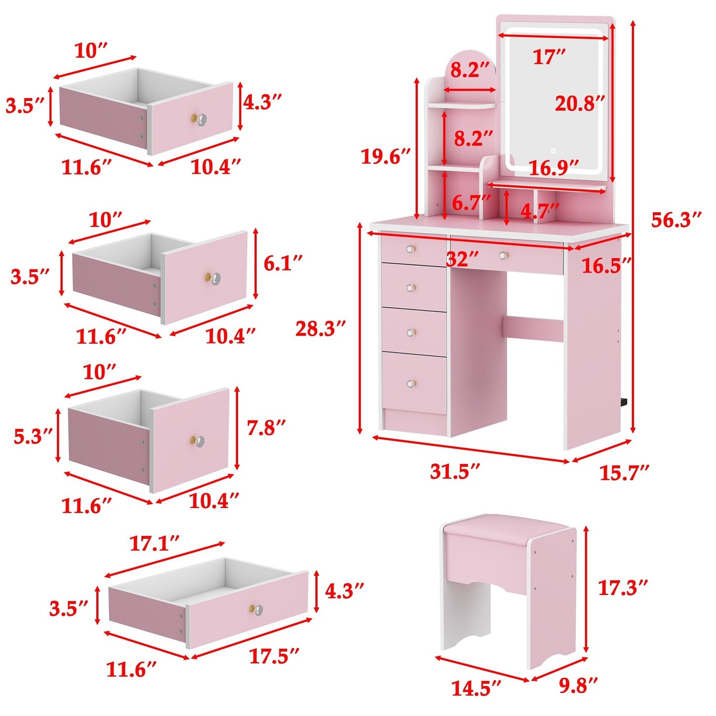 Coiffeuse avec éclairage LED, miroir et tabouret