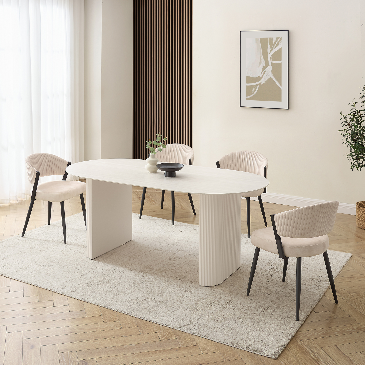 Table à manger Sofia en céramique blanche avec base côtelée crème