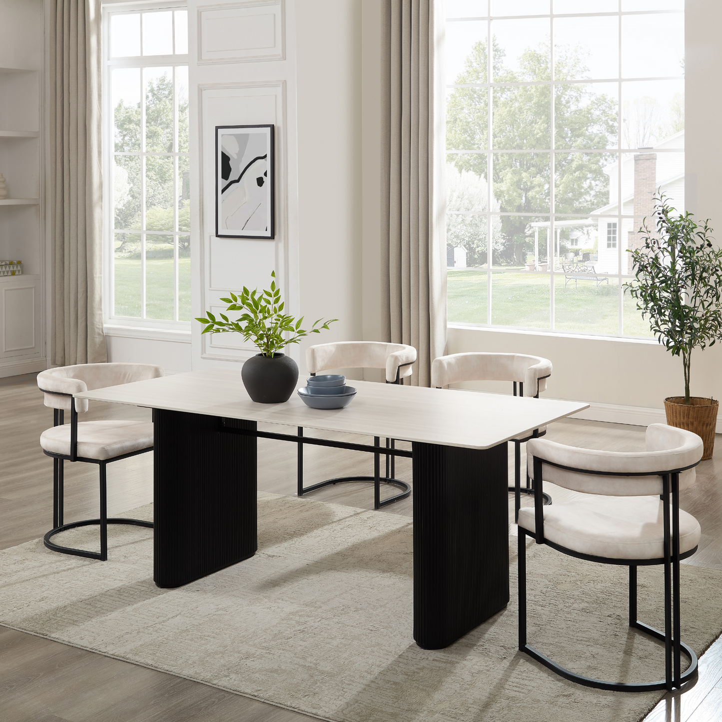 Table à manger Siena en céramique blanche avec base nervurée noire