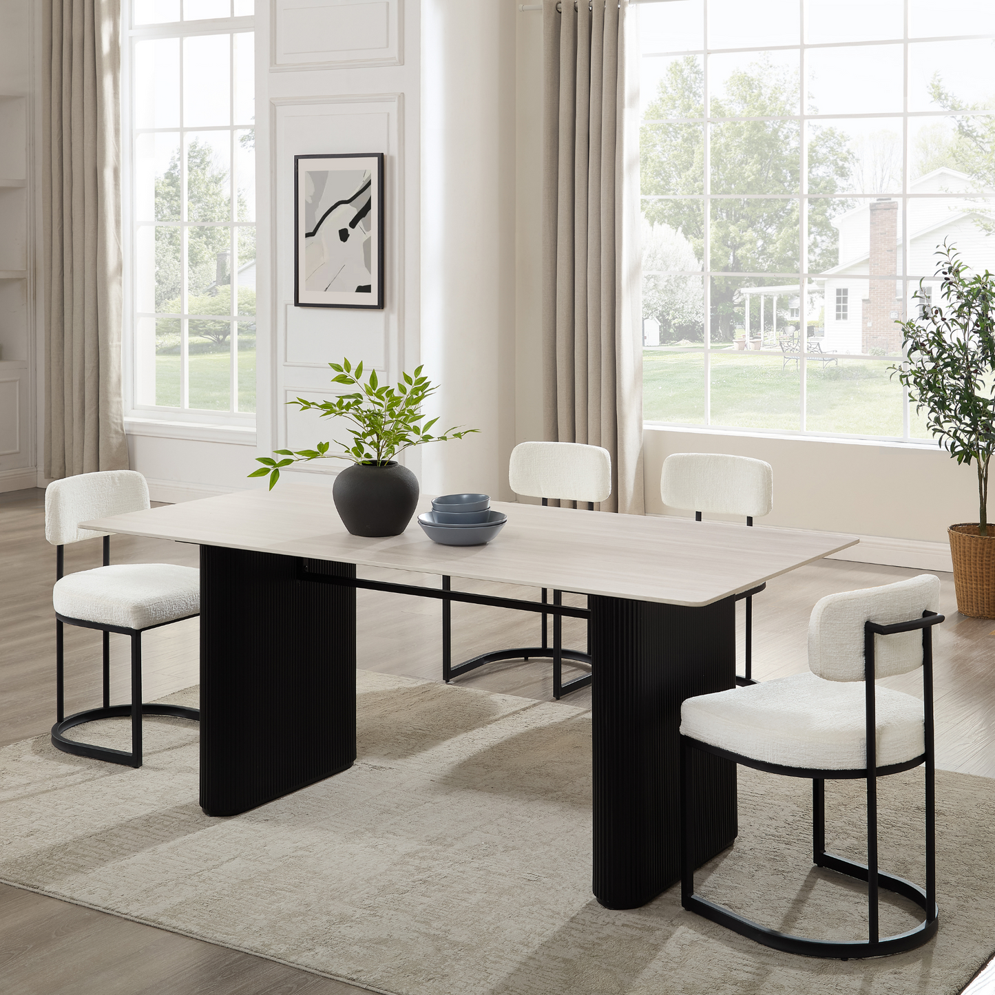 Table à manger Siena en céramique blanche avec base nervurée noire
