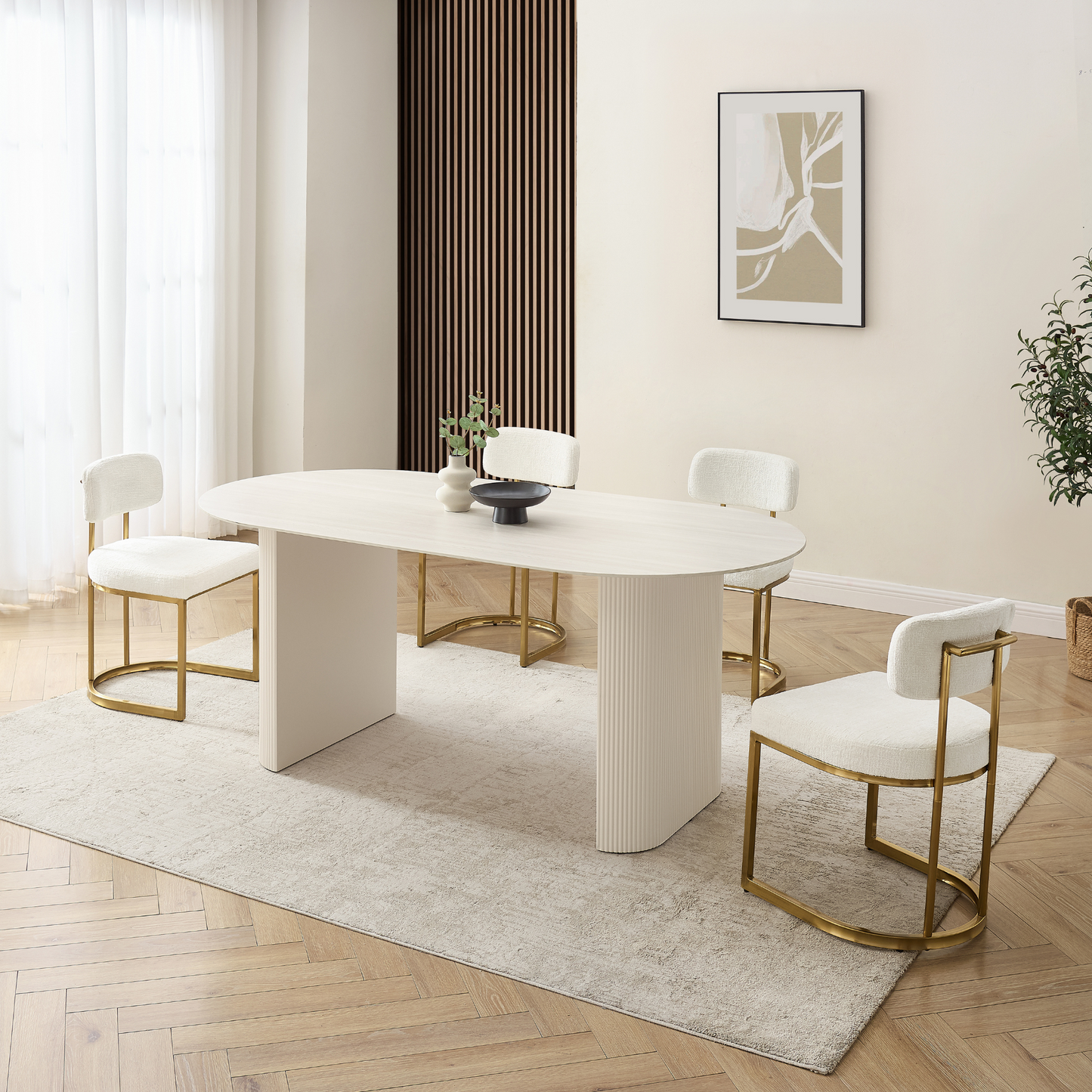 Table à manger Sofia en céramique blanche avec base côtelée crème