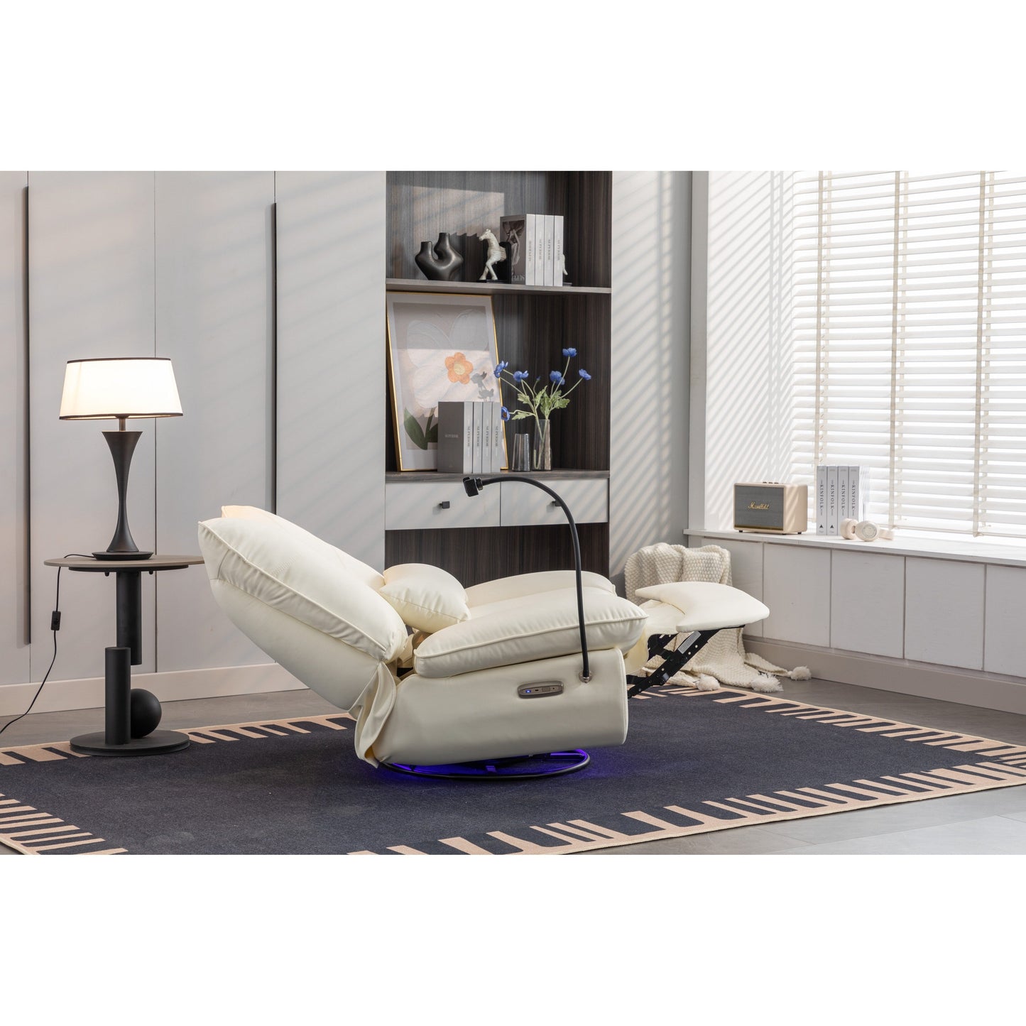 Fauteuil inclinable pivotant et électrique avec haut-parleurs Bluetooth, support de téléphone, ports de chargement USB et Type-C, rangement dissimulé dans les accoudoirs