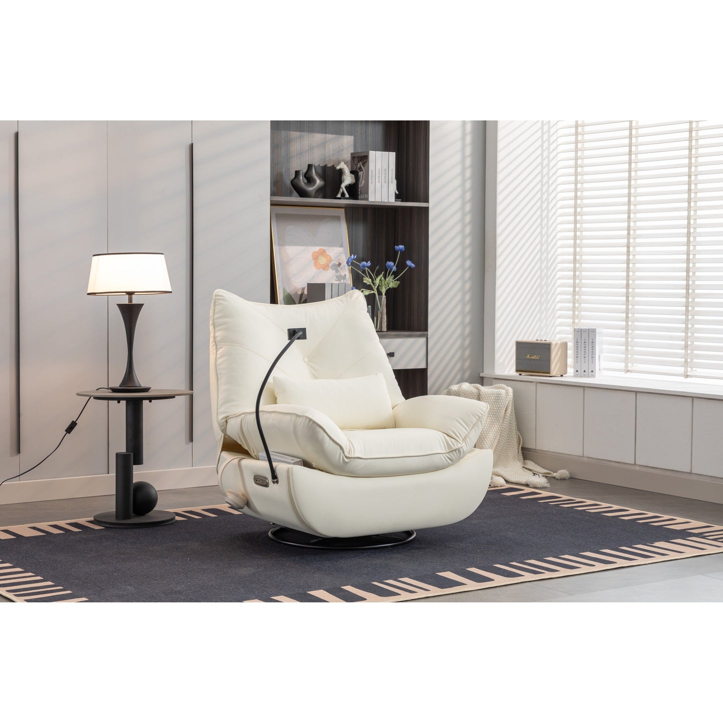 Fauteuil inclinable pivotant et électrique avec haut-parleurs Bluetooth, support de téléphone, ports de chargement USB et Type-C, rangement dissimulé dans les accoudoirs