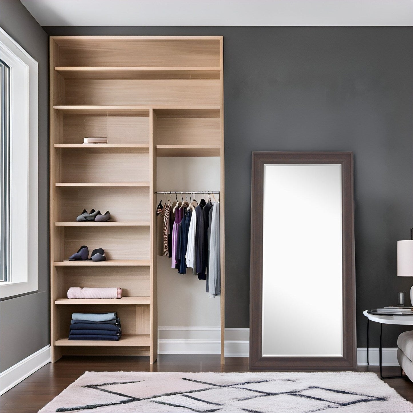 Grand miroir sur toute la surface, miroir surdimensionné, cadre en imitation bois lisse, miroir rectangulaire à suspendre au mur