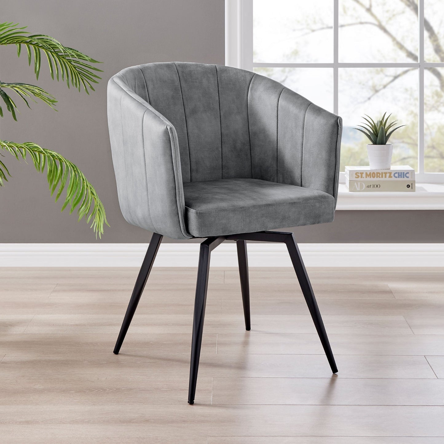 Chaise de salle à manger Arlo en velours gris avec pieds pivotants noirs