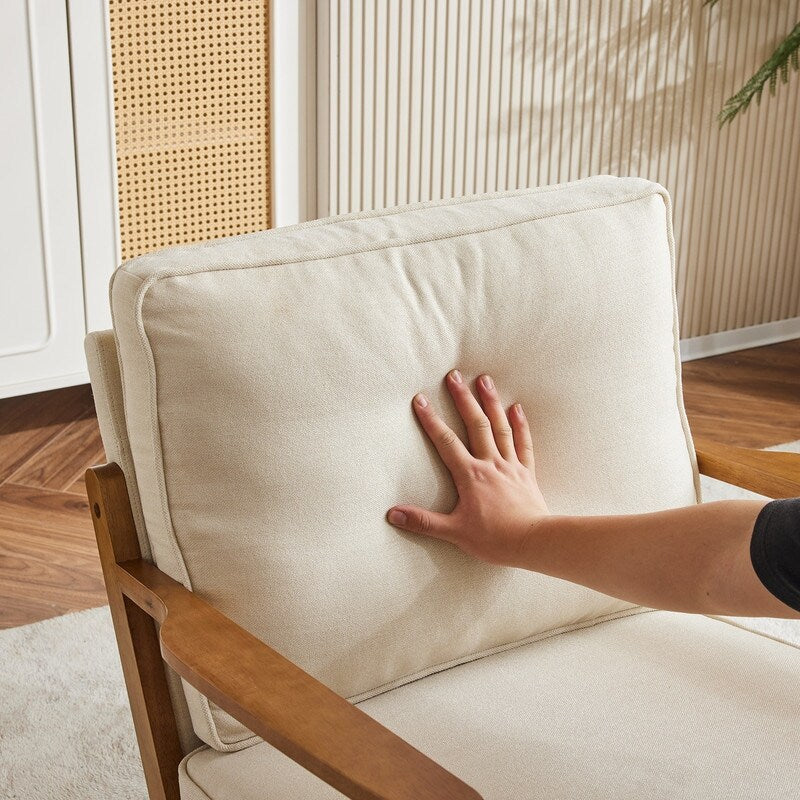 Fauteuil d'appoint rembourré en lin mélangé avec pieds en bois et un coussin beige