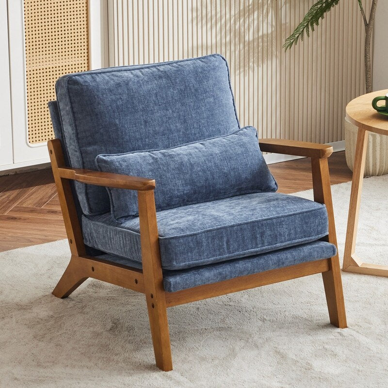 Fauteuil d'appoint rembourré en lin mélangé avec pieds en bois et un coussin beige