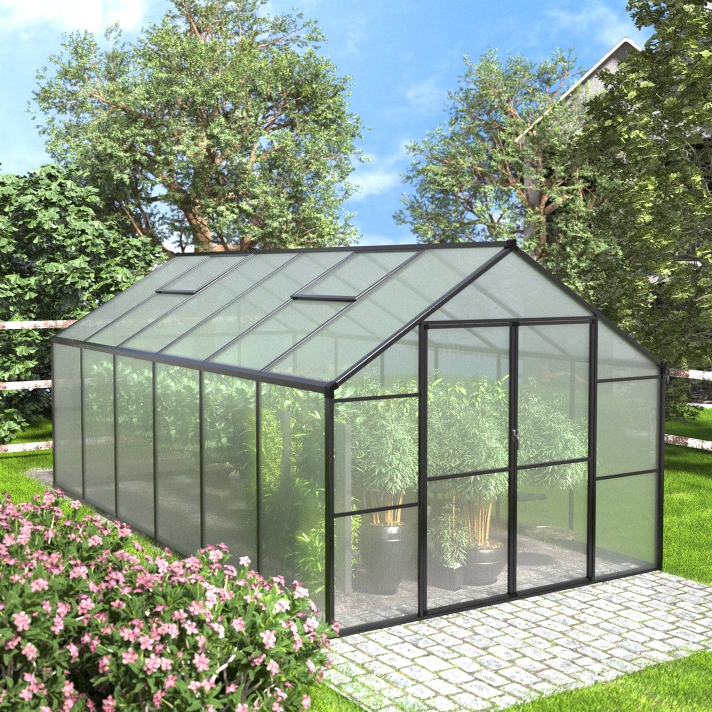 Serre de jardin en aluminium VEIKOUS avec ventilation de toit réglable et porte verrouillable, gris