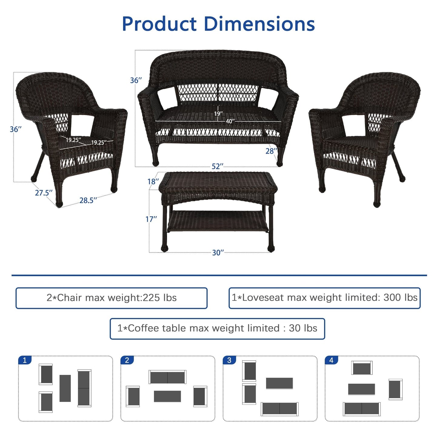 Ensemble de conversation 4 pièces pour patio en osier