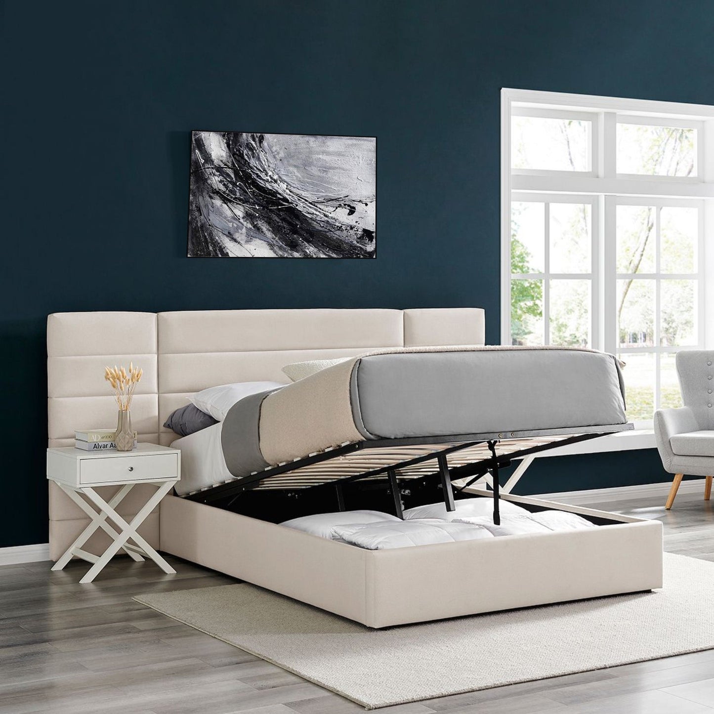 Lit king size avec rangement ottoman et tête de lit en tissu beige Amara