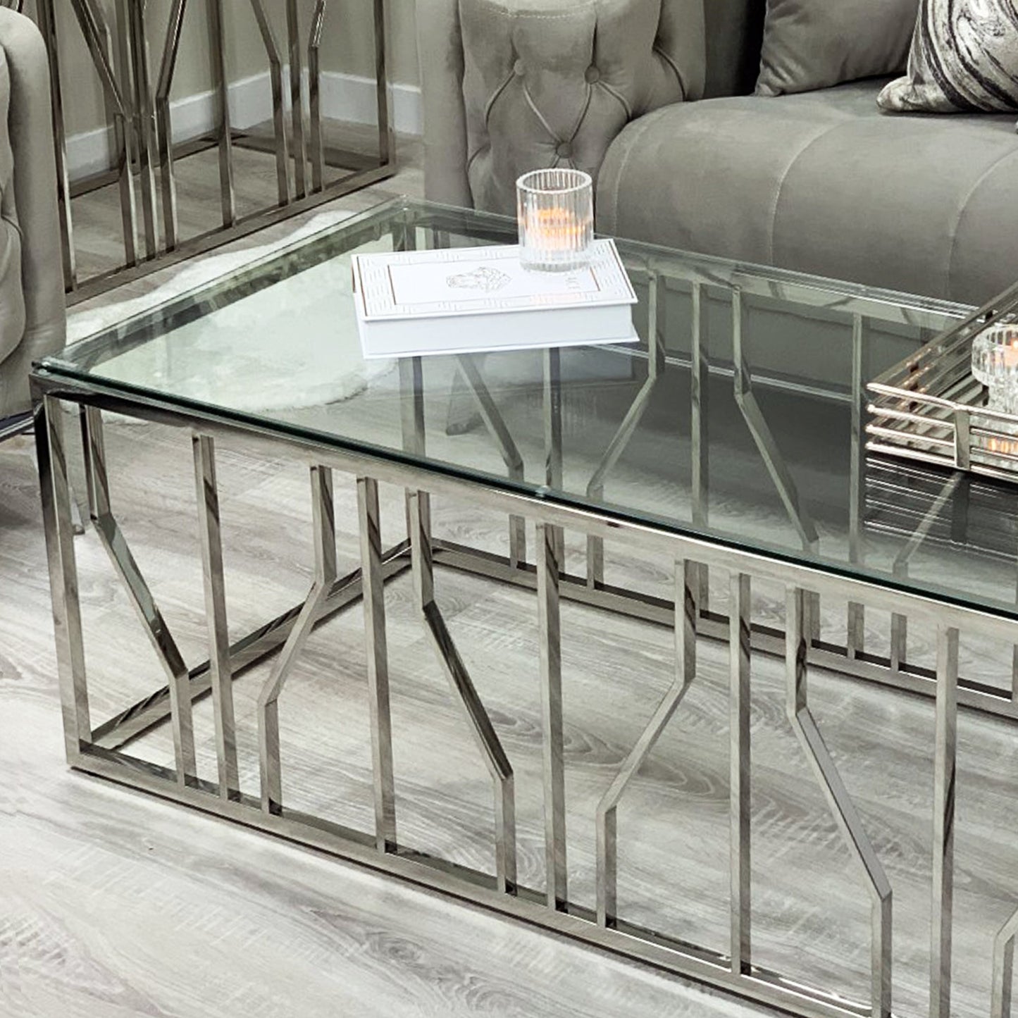 Table basse Aria Silver Deco avec plateau en verre transparent