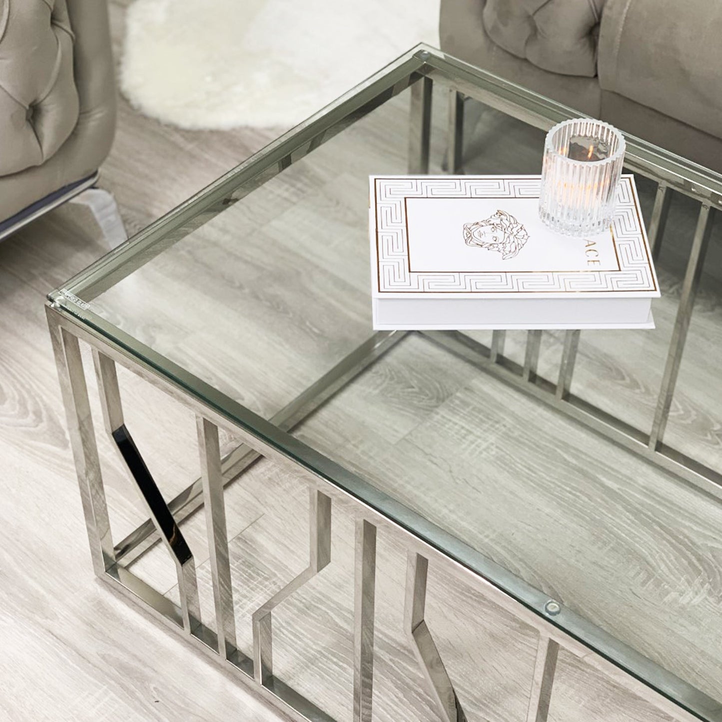 Table basse Aria Silver Deco avec plateau en verre transparent