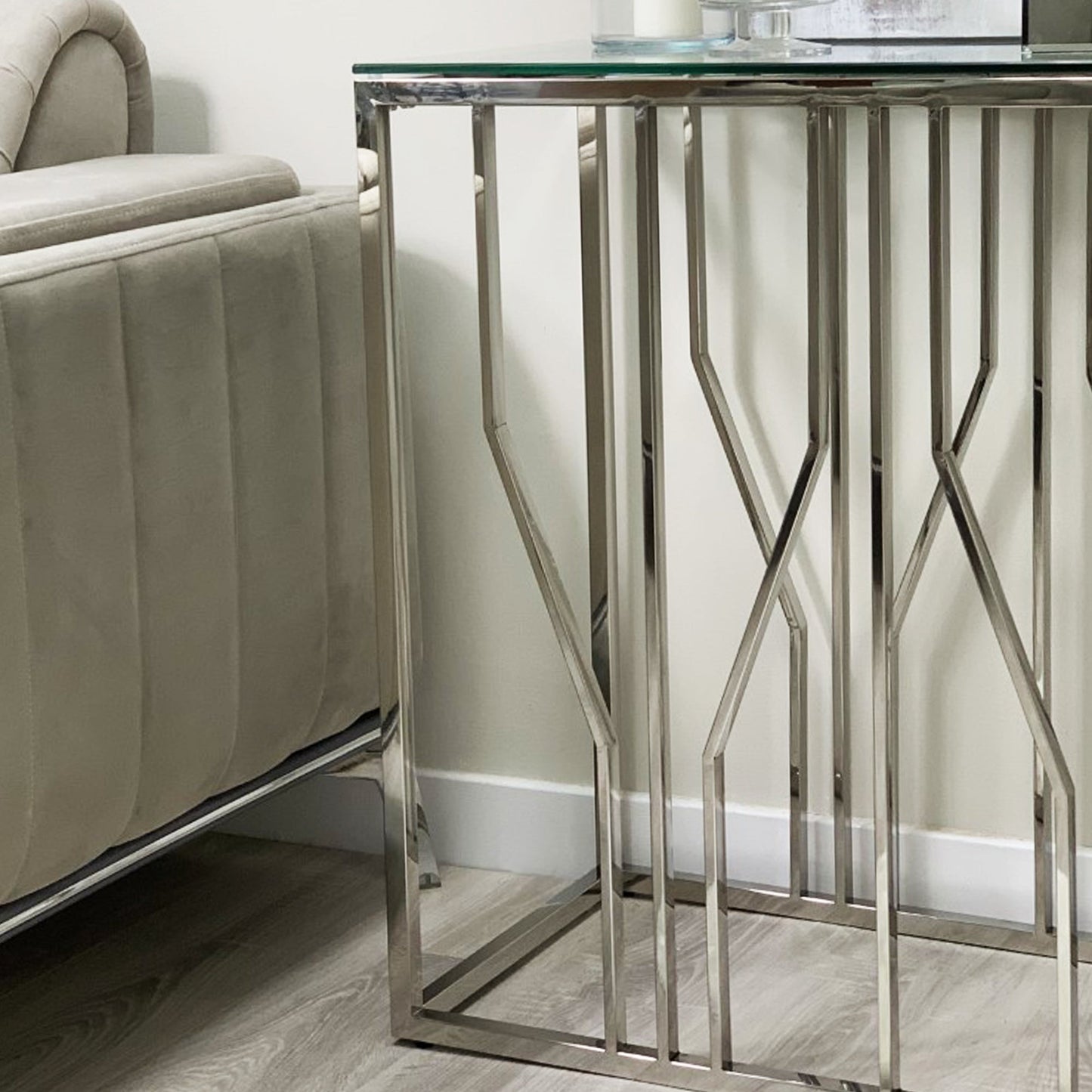 Console Aria Silver Deco avec plateau en verre transparent