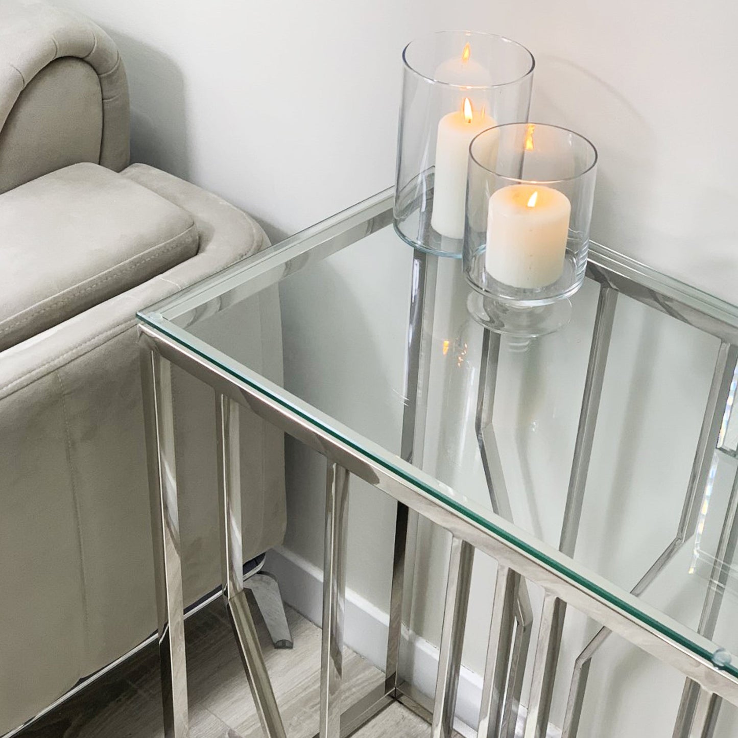 Console Aria Silver Deco avec plateau en verre transparent