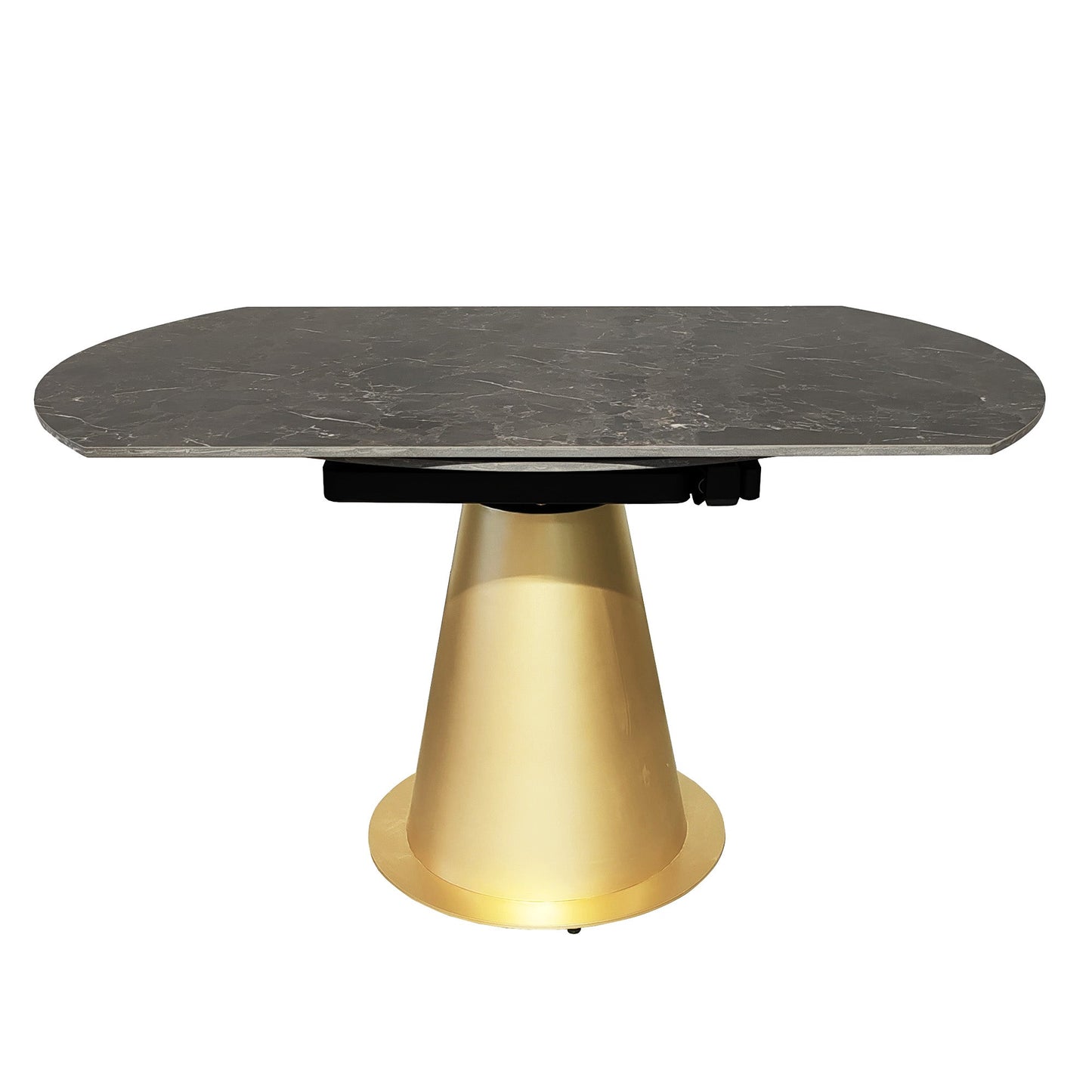 Table à manger ronde extensible en céramique noire effet marbre avec base dorée
