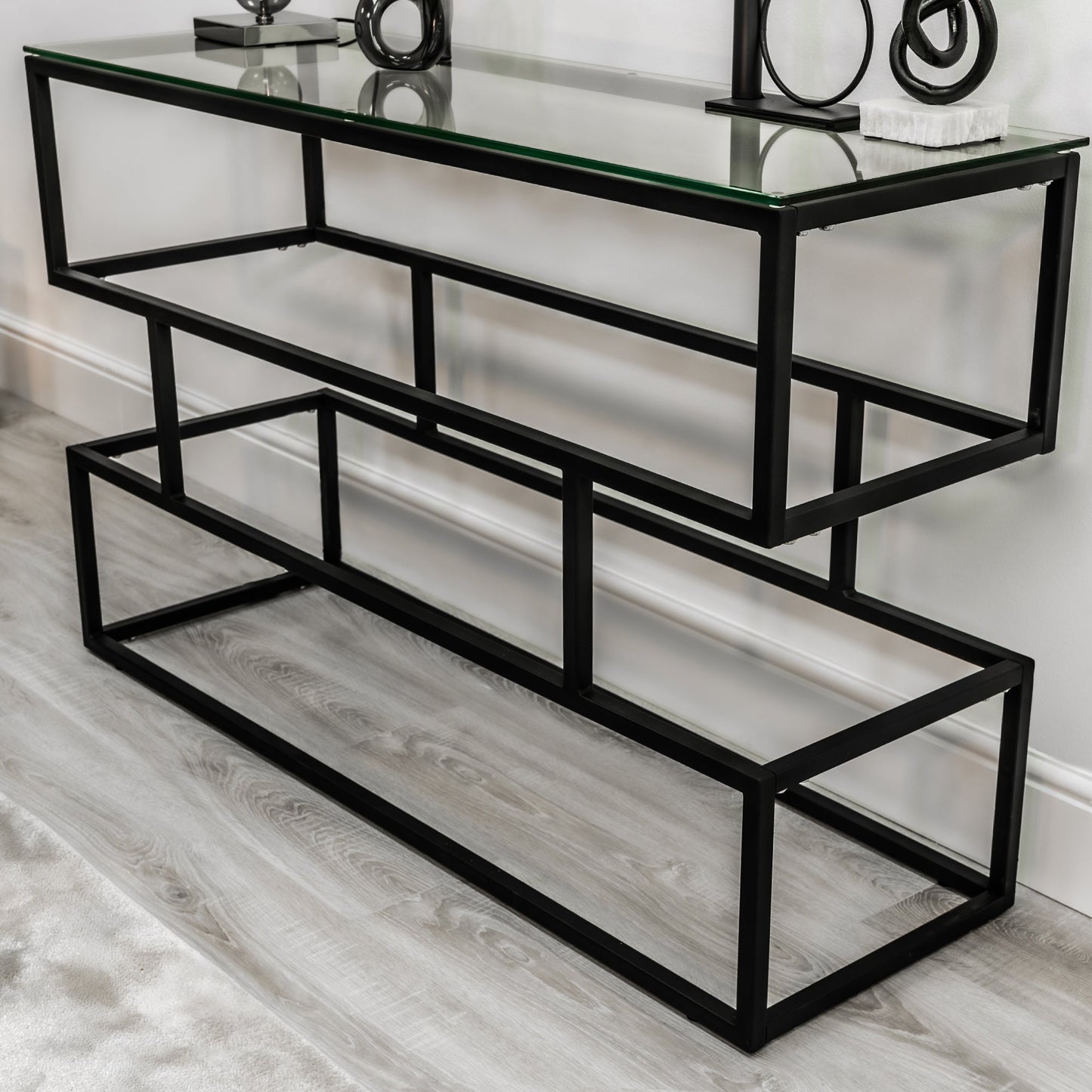 Console Lina en verre transparent avec cadre noir mat