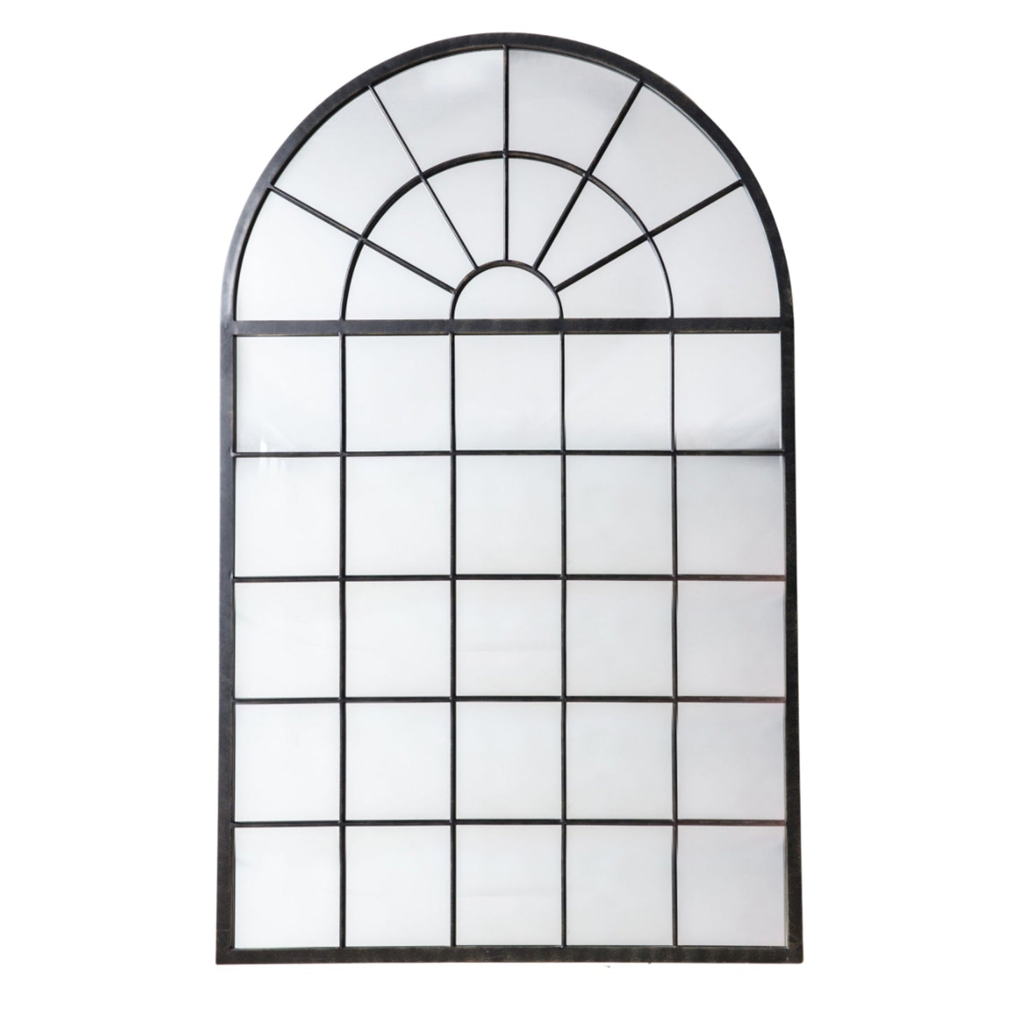 Grand miroir rustique noir de style fenêtre cintrée