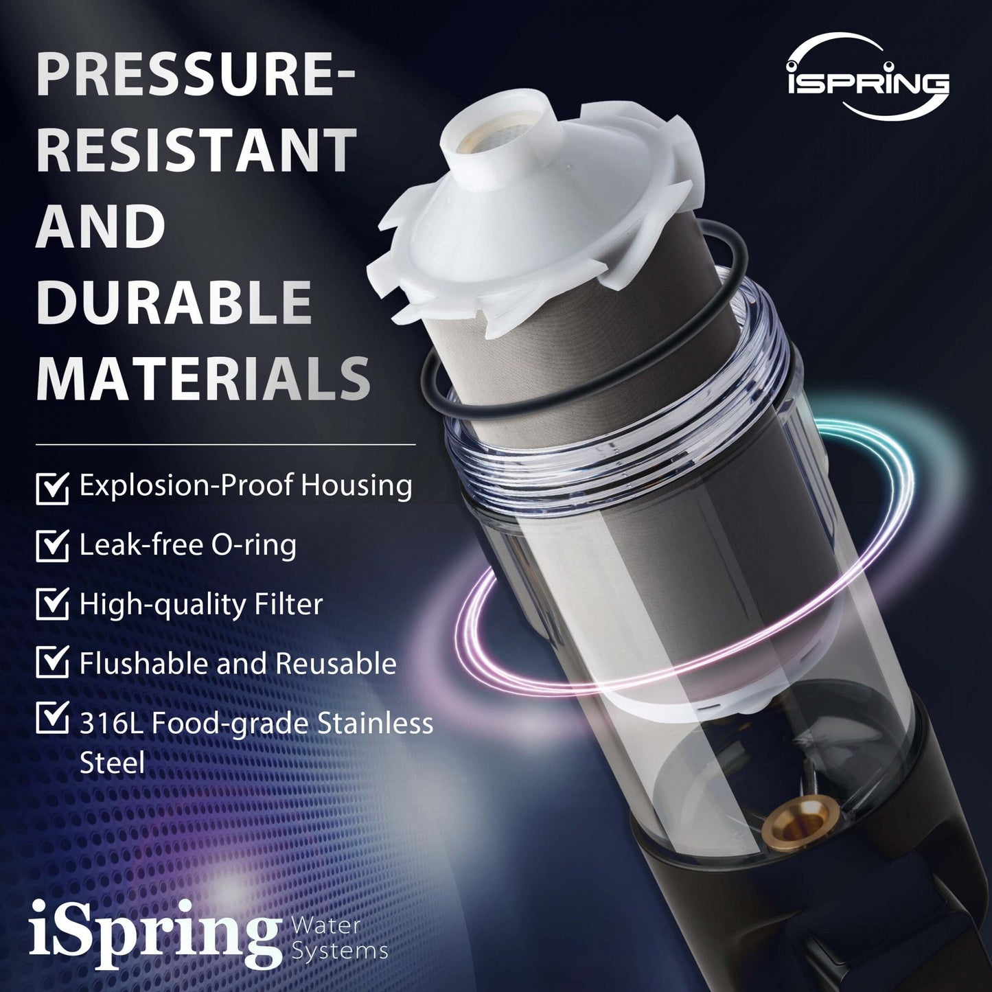 Filtre à eau à sédiments iSpring WSP100ARJ certifié NSF, format géant, réutilisable, avec module de rinçage tactile, 100 microns