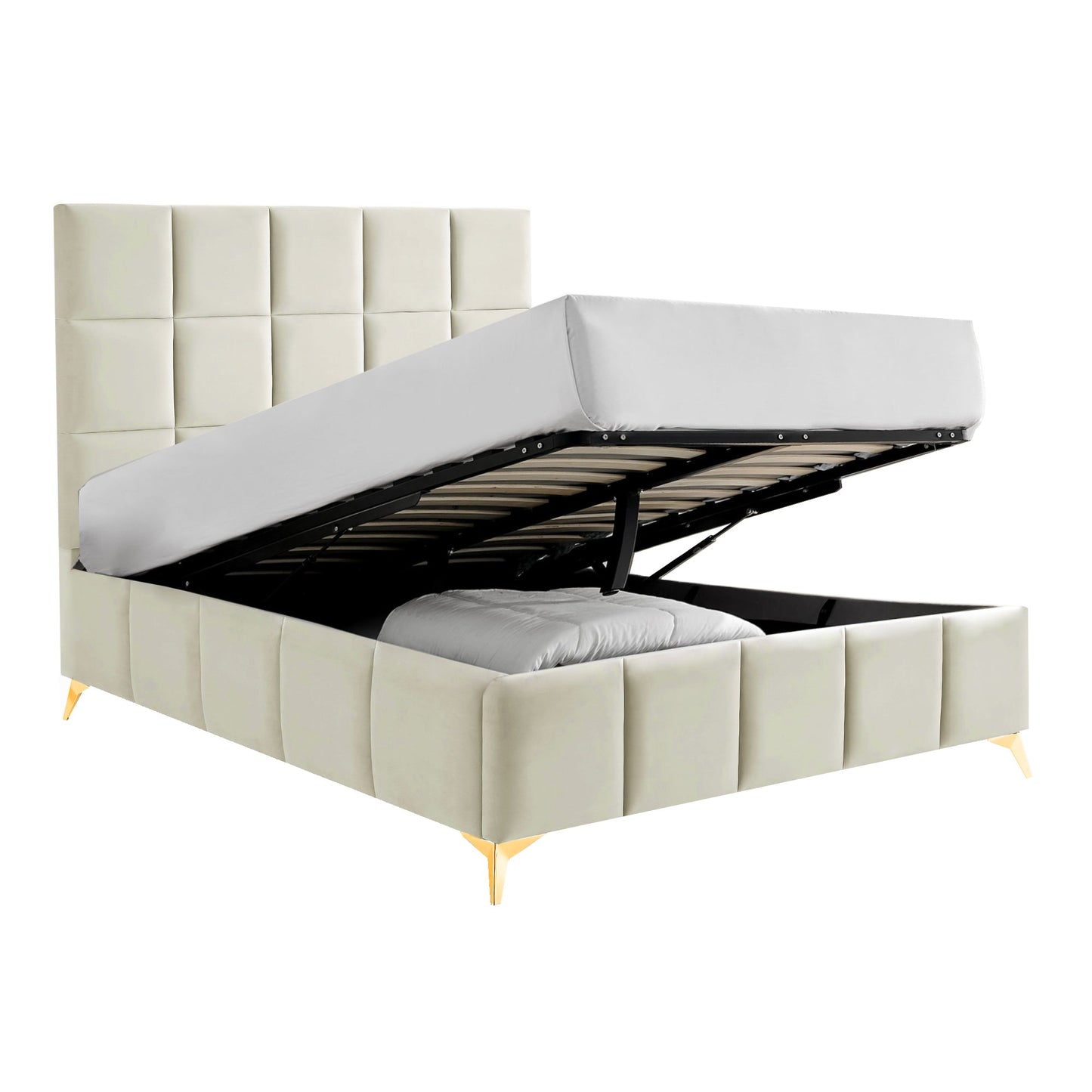 Lit ottoman rembourré en velours crème Imogen avec pieds dorés