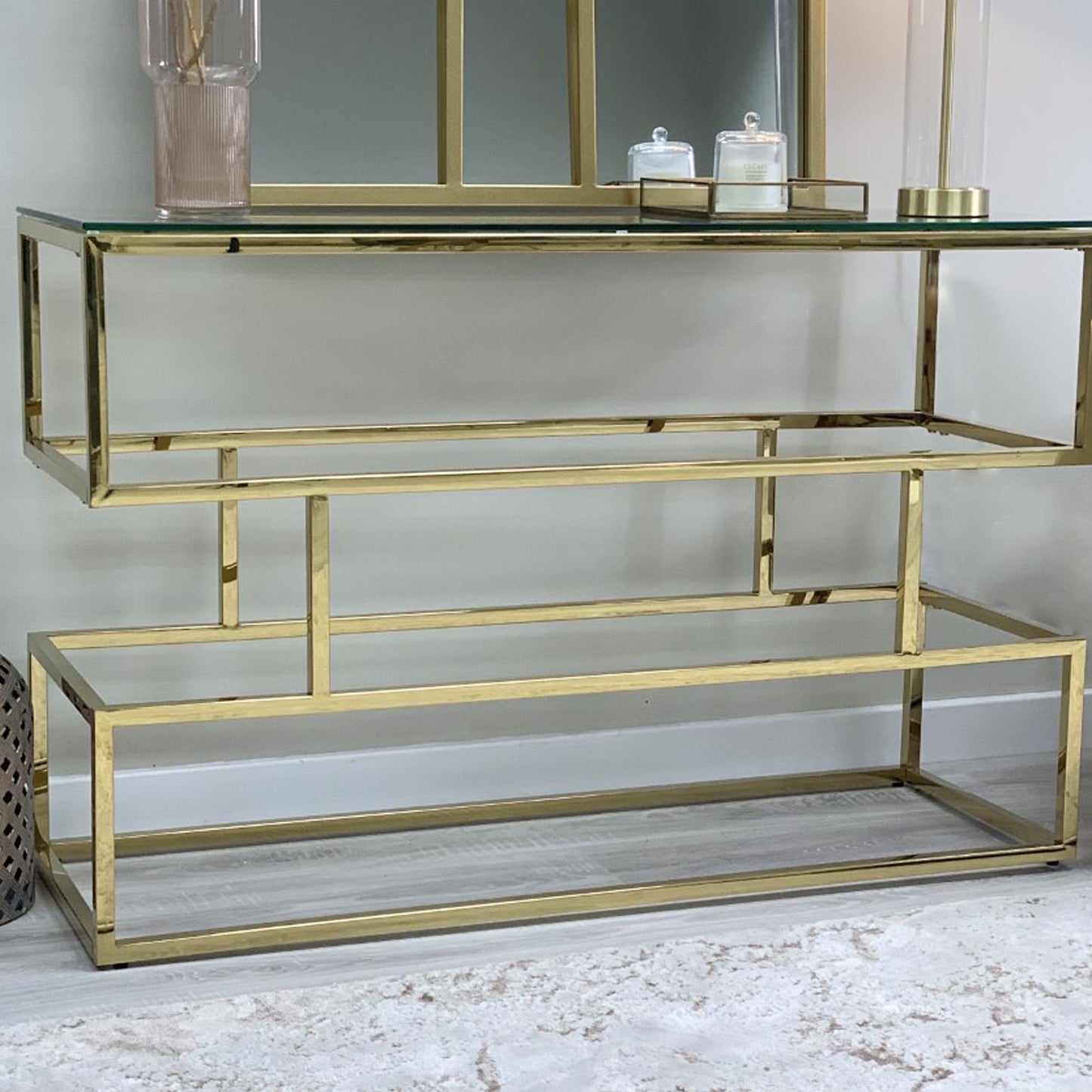 Console Lina dorée avec plateau en verre transparent