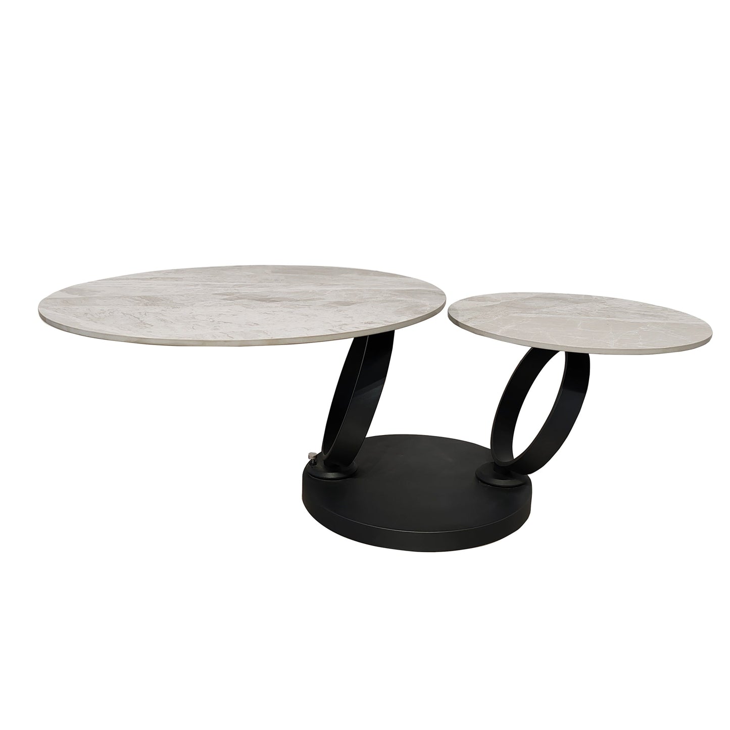 Table basse pivotante en céramique grise effet marbre avec base noire