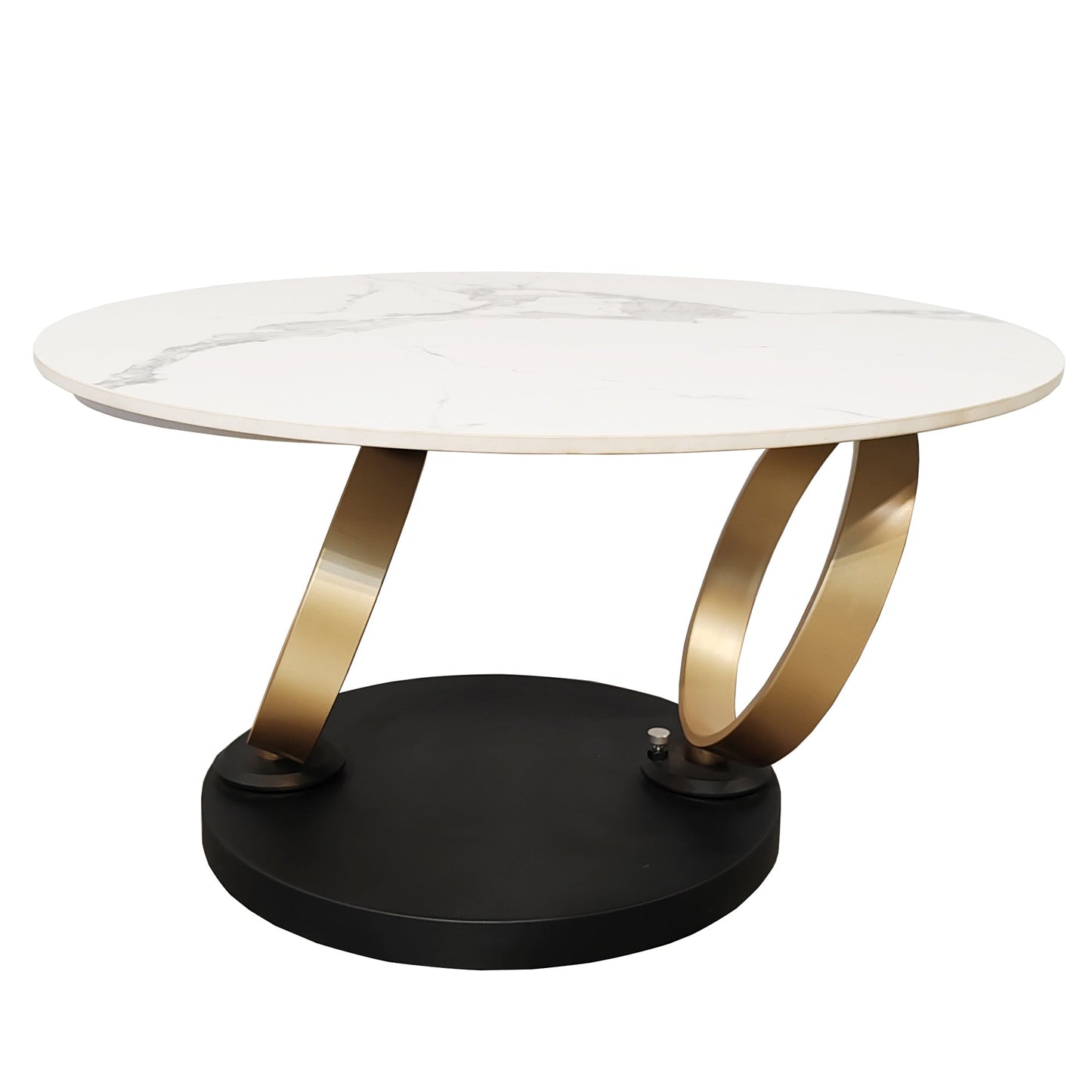 Table basse pivotante en céramique blanche effet marbre avec base dorée