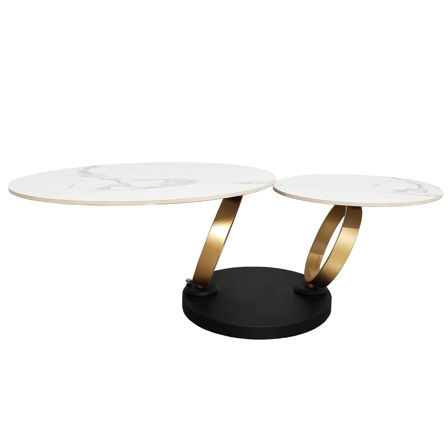 Table basse pivotante en céramique blanche effet marbre avec base dorée