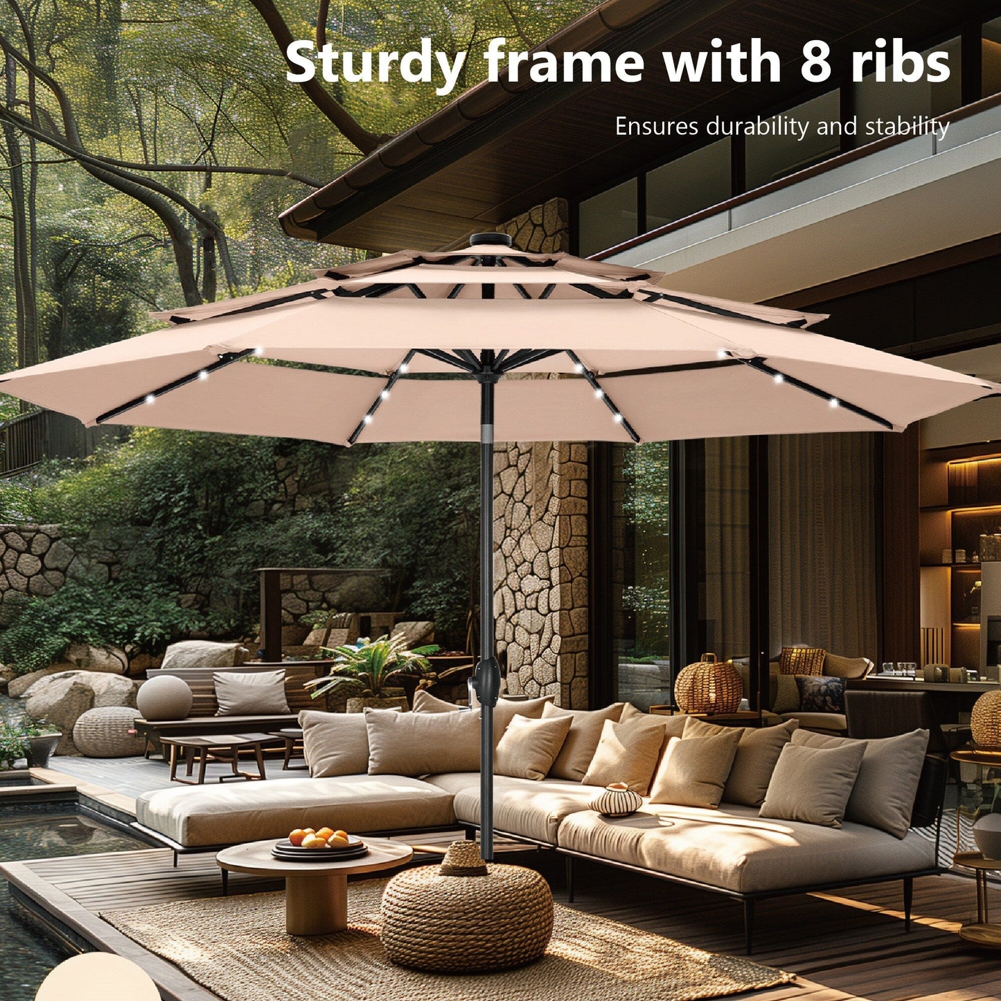Parasol de terrasse inclinable à 3 niveaux de 10 pieds de MAISON ARTS, parasol d'extérieur à double ventilation avec lumières LED