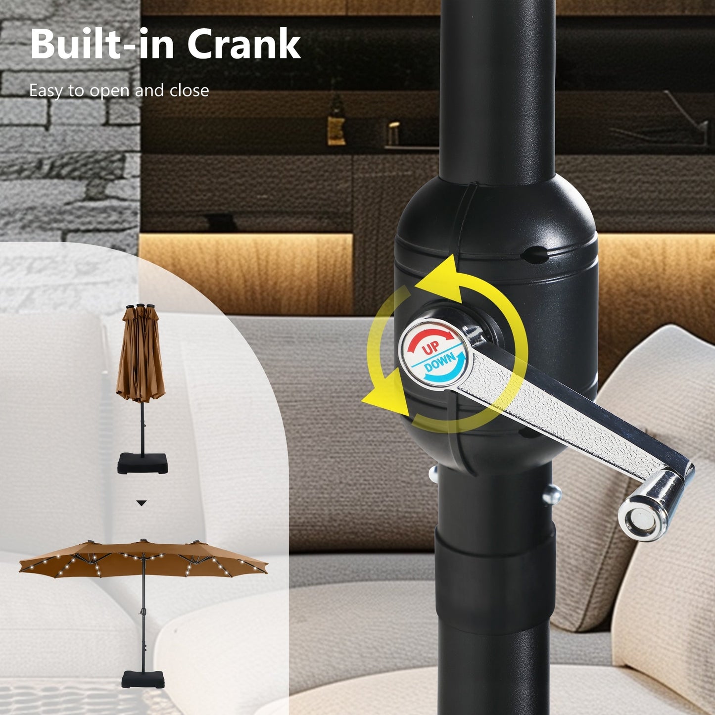 MAISON ARTS Parasol de marché extérieur rectangulaire à manivelle double face de 15 pieds Parasol de patio éclairé par LED solaire avec base incluse