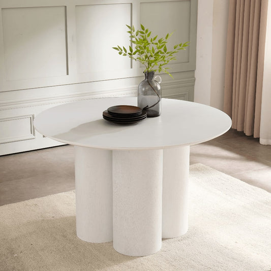 Table à manger ronde en bois blanc Marco avec base en bois blanc