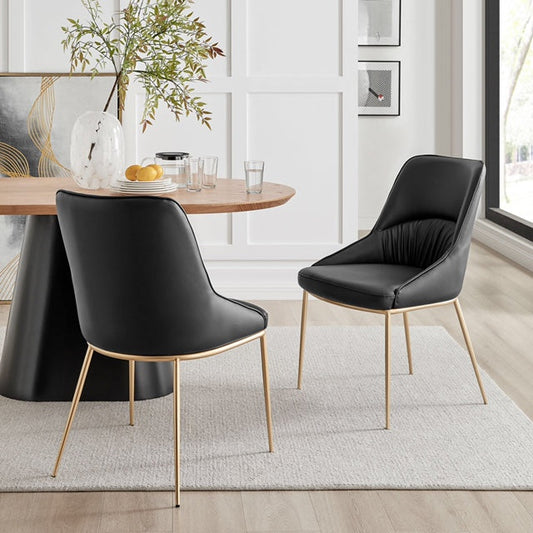 Chaise de salle à manger Axel en cuir noir, design froissé, pieds dorés