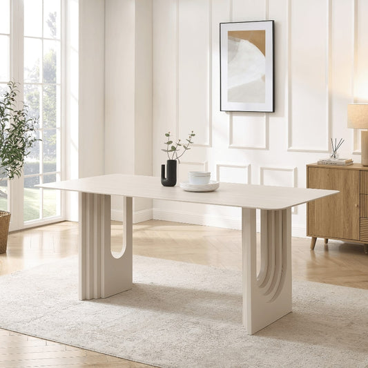 Table à manger Apollo en céramique blanche avec base crème