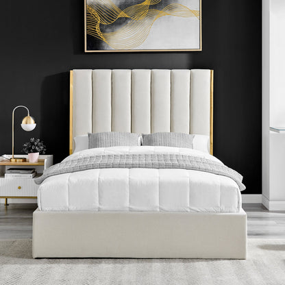 Lit Chloé beige avec bordure en métal doré et rangement ottoman